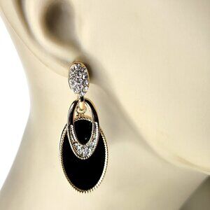 Black and Gold Oval Drop Earrings with Crystals
